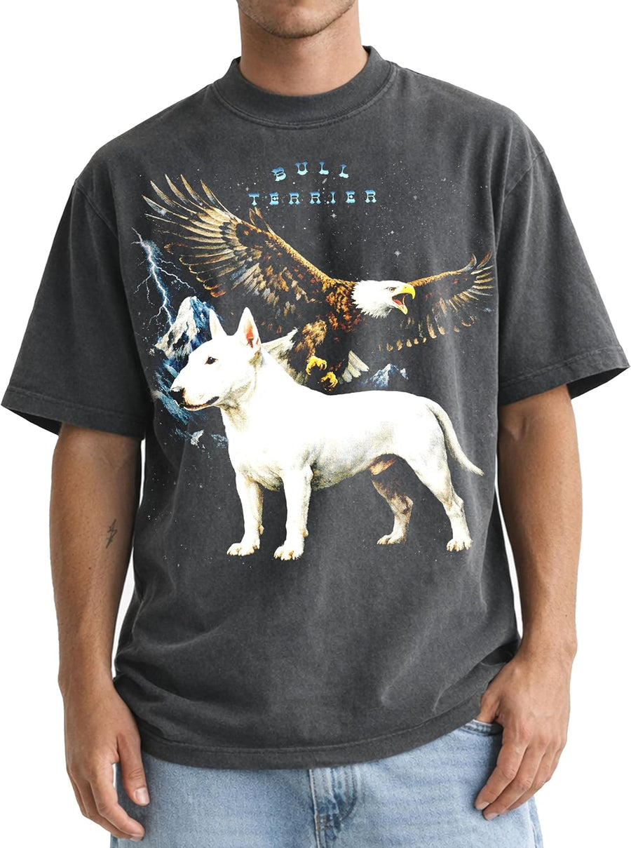 Shaka Wear Dogs & Bald Eagle Thunder - Faded Max-Heavyweight 7.5oz Oversized Tshirt - White Bull Terrier