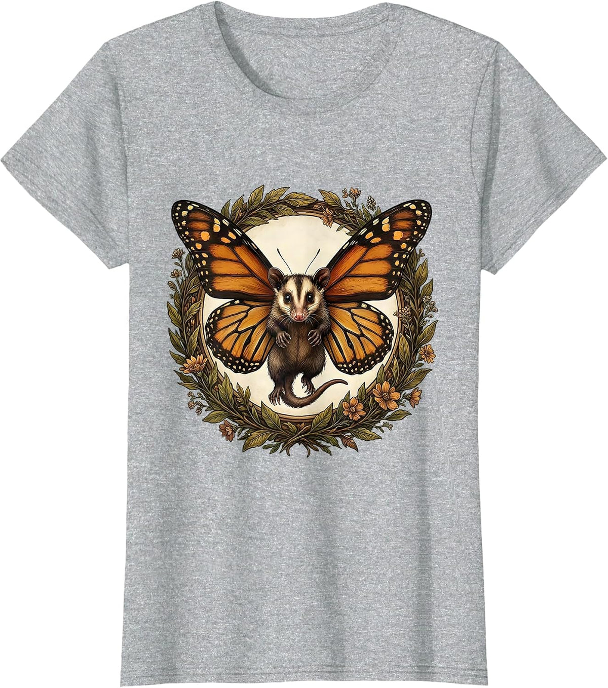 Opossum with Butterfly Wings in Flight T-Shirt - Heather Grey