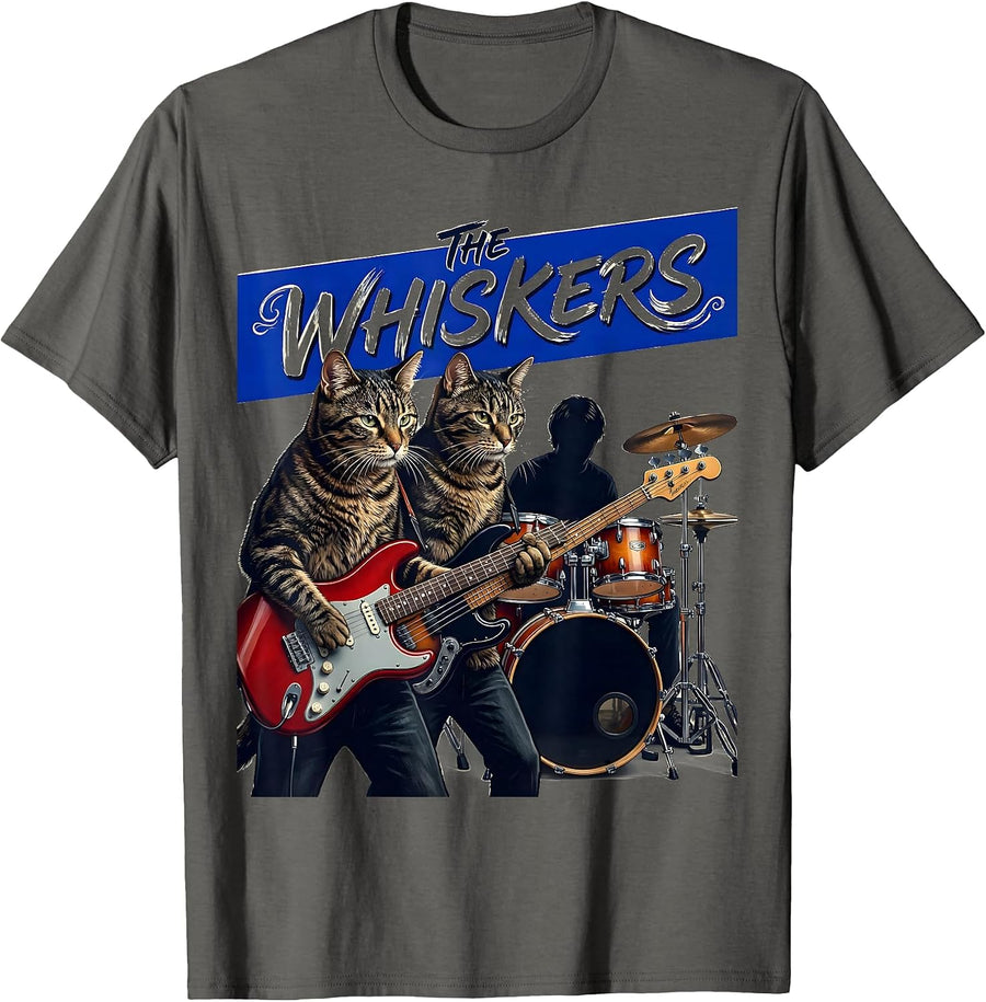 The Whiskers Vintage Retro Rock Drummer Cat T-Shirt - Asphalt Grey