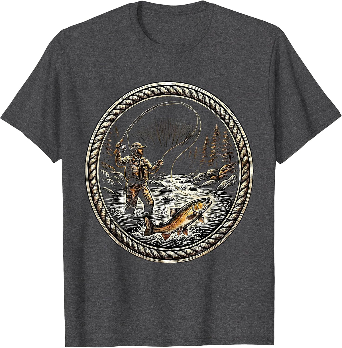 Fly Fisher Casting in Stream Trout Fishing T-Shirt - Dark Heather Grey