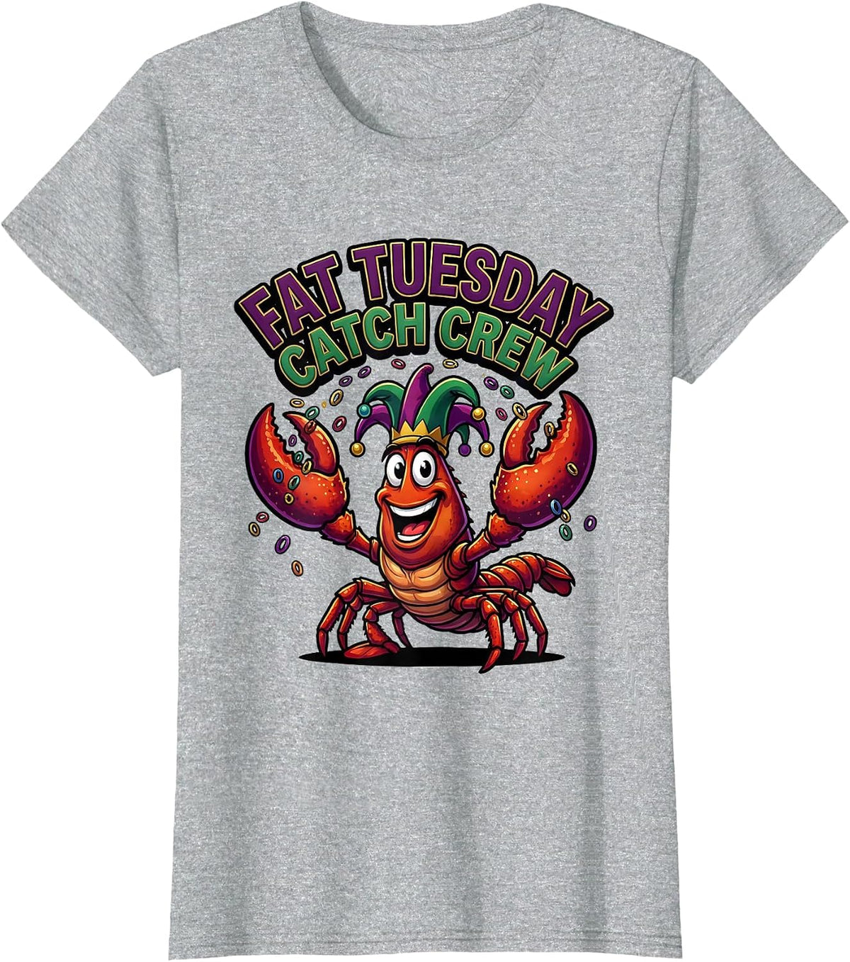 Fat Tuesday Catch Crew Cartoon Crawfish Jester Mardi Gras T-Shirt - Heather Grey