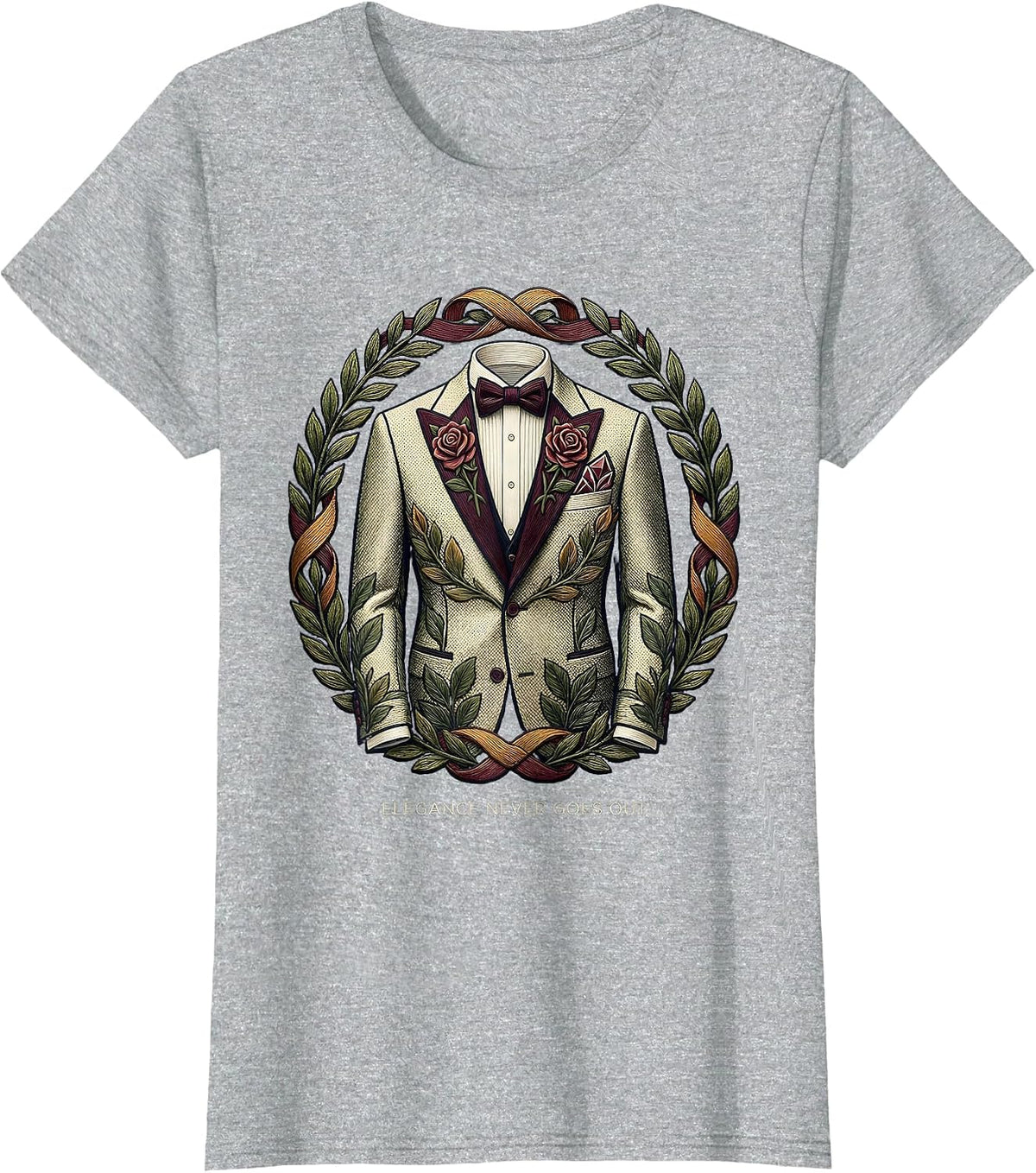 Elegance Never Goes Out Tuxedo Graphic Design T-Shirt - Heather Grey
