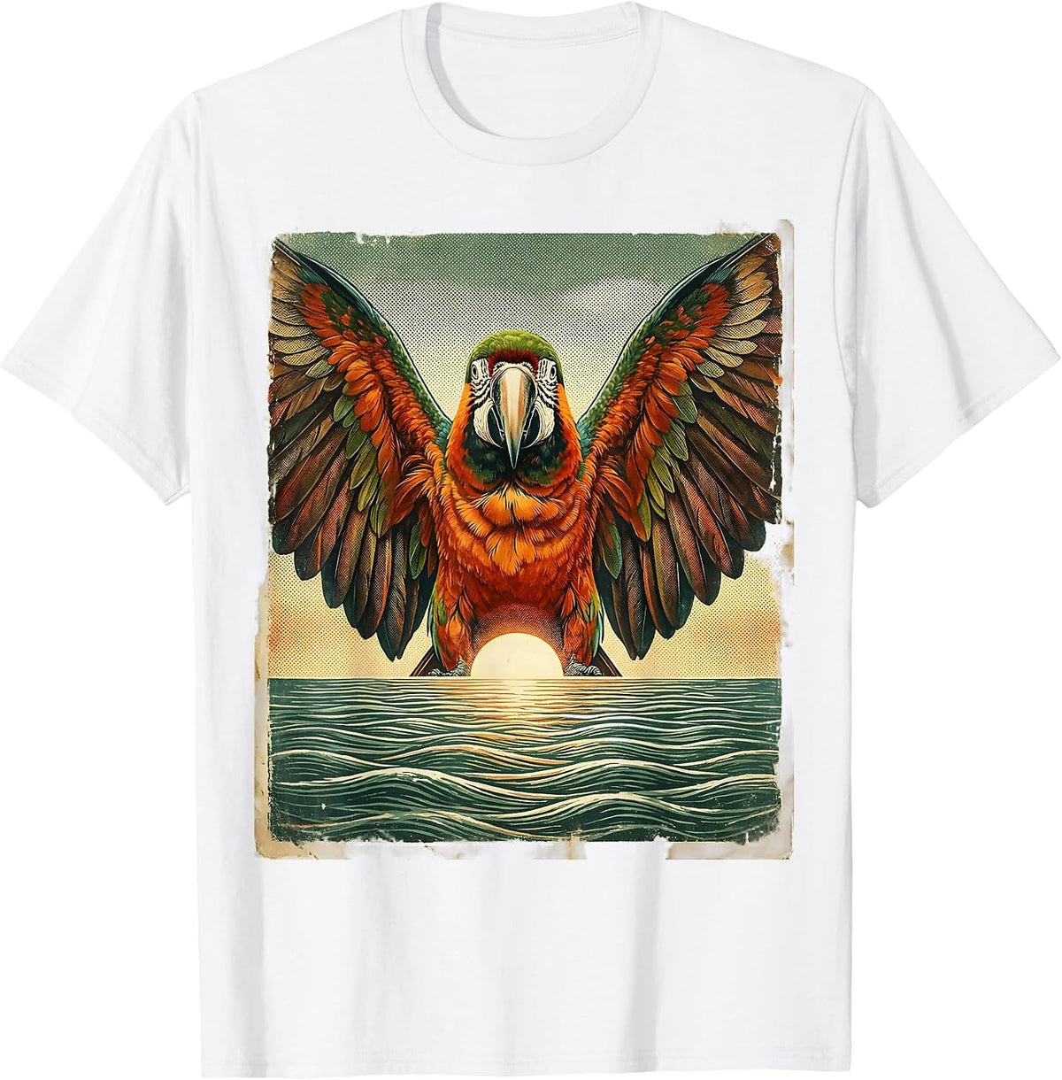 Men's Aloha Macaw Spreading Wings Over Ocean Horizon T-Shirt - White