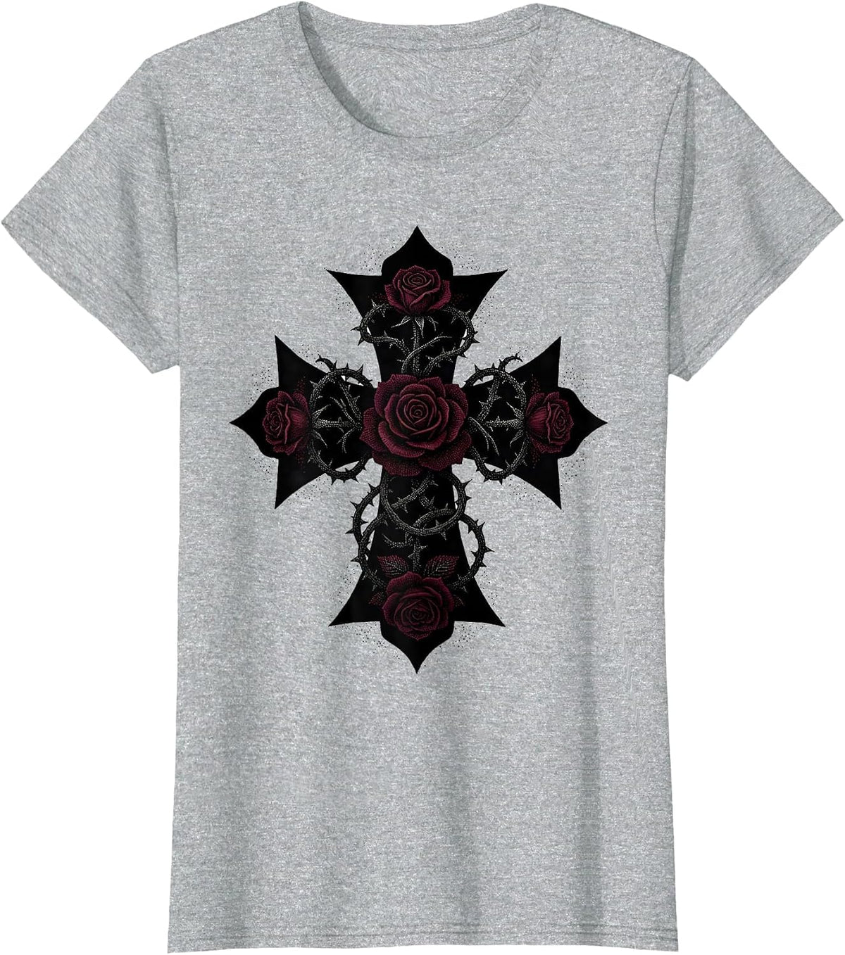 Rose Vine Iron Cross Gothic Floral Design T-Shirt - Heather Grey
