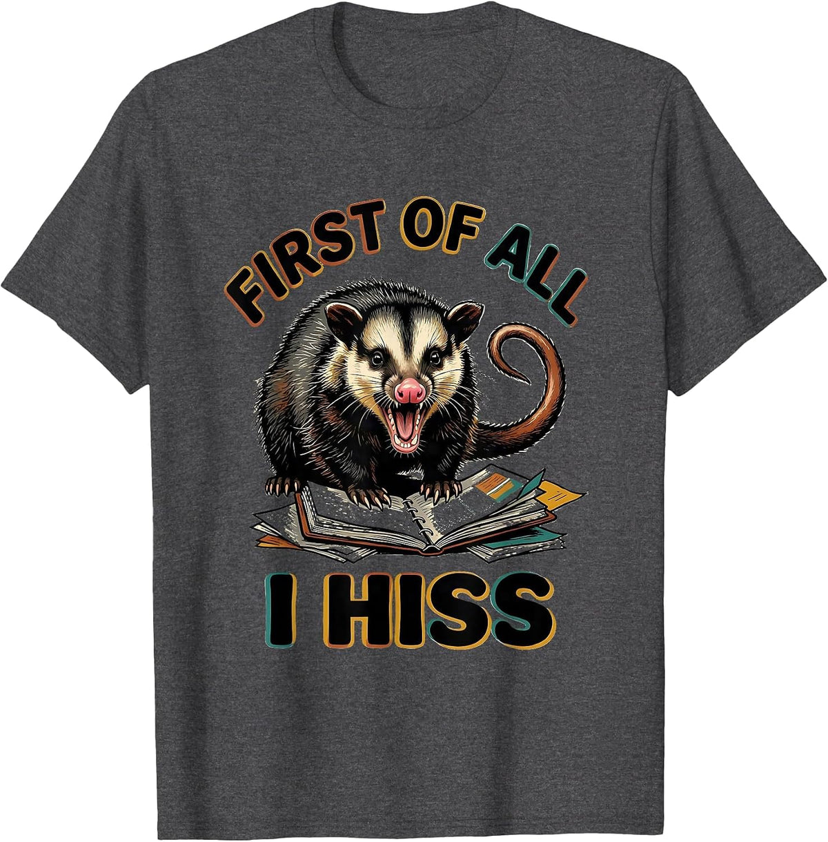 First Of All I Hiss Funny Opossum Possum Meme Humor T-Shirt - Dark Heather Grey