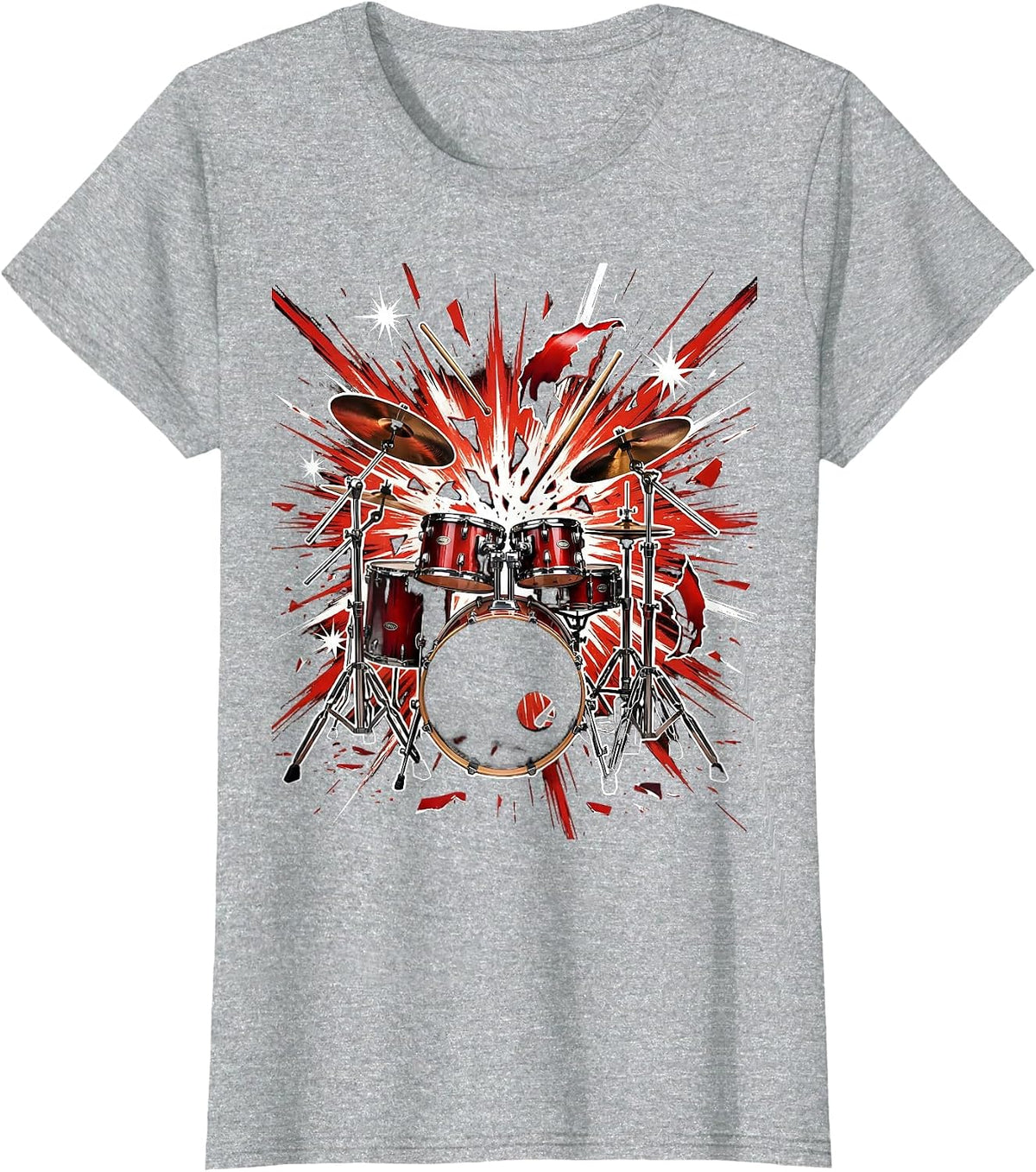 Drum Kit Exploding Fireworks Rock Band Graphic T-Shirt - Heather Grey