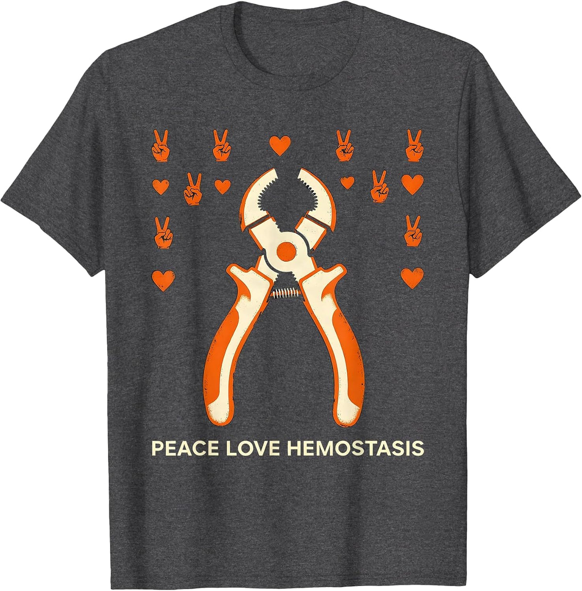Men's Peace Love Hemostasis Stencil Graphic Surgical Tech Gift T-Shirt - Dark Heather Grey
