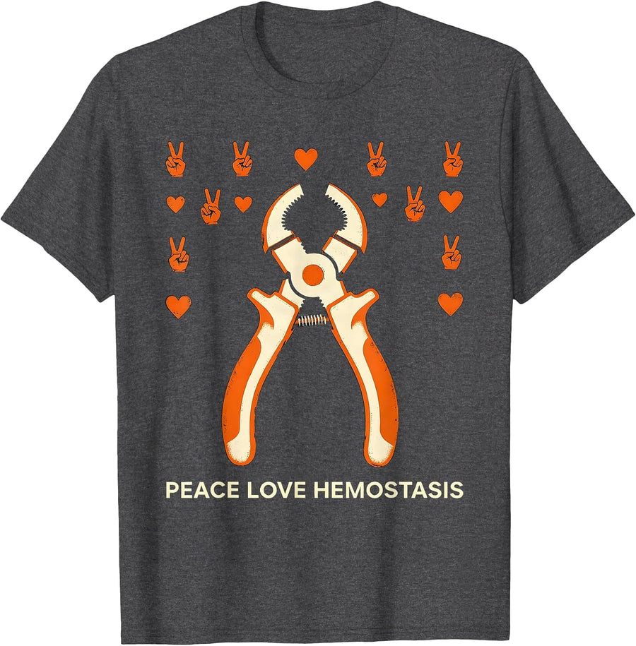 Men's Peace Love Hemostasis Stencil Graphic Surgical Tech Gift T-Shirt - Dark Heather Grey