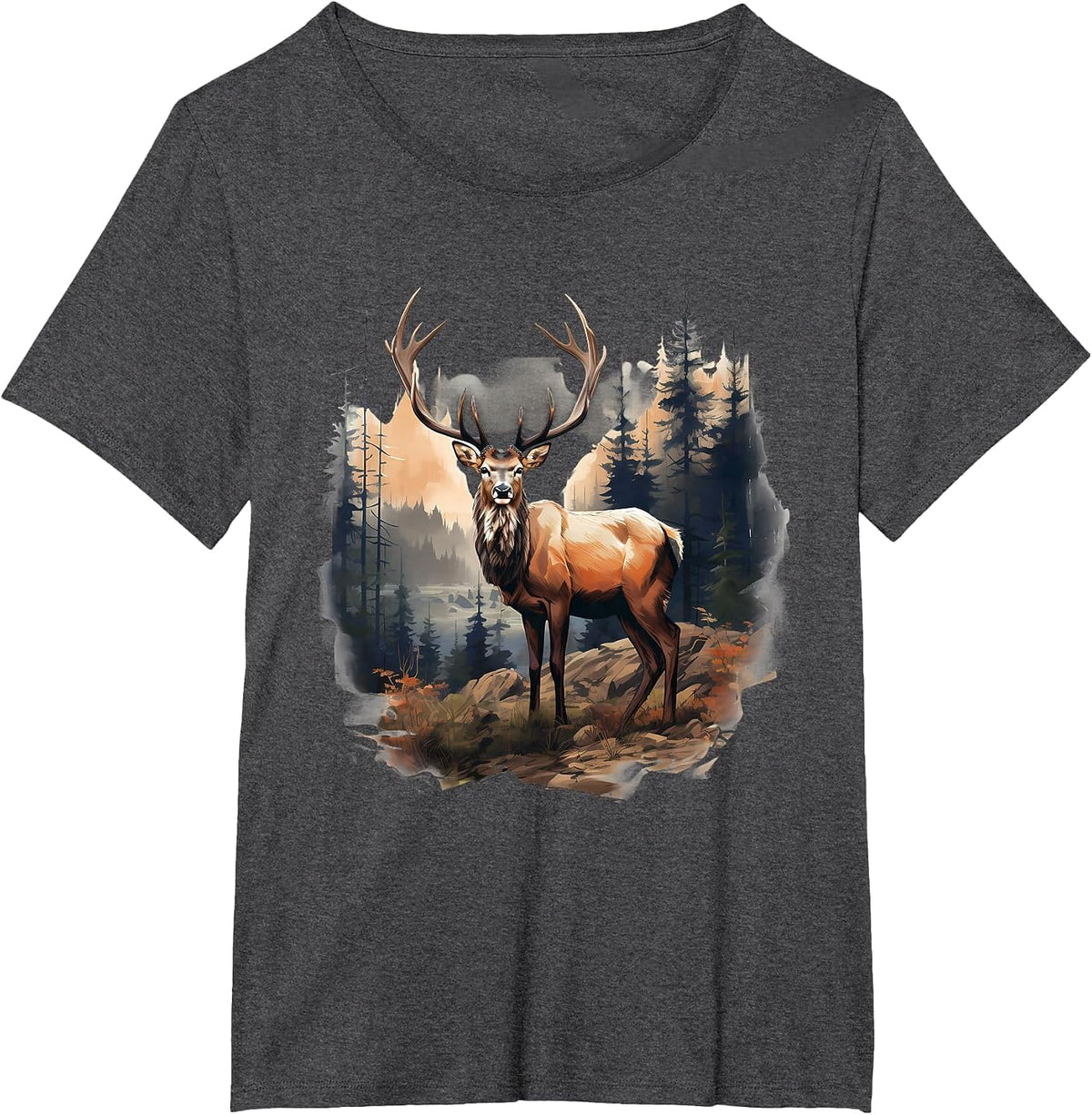 Deer Forest Landscape Wildlife Artwork Nature Animal Lovers T-Shirt - Dark Heather Grey