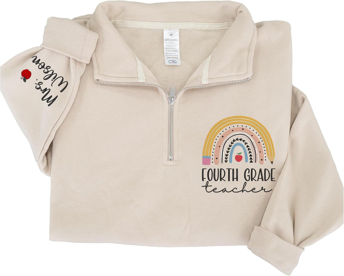 Chillever Personalized Embroidery Teacher Quarter Zip Sweatshirt, Custom Teacher Name Zip Sweaters, Back to School Gifts -