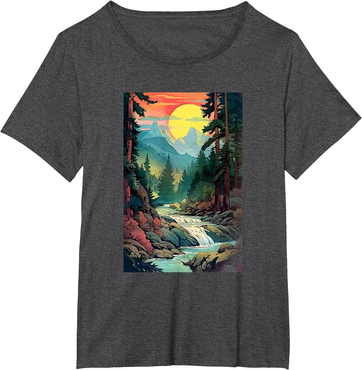 Mountains Trees River Waterfall Woodsy Nature Scene Outdoors T-Shirt - Dark Heather Grey