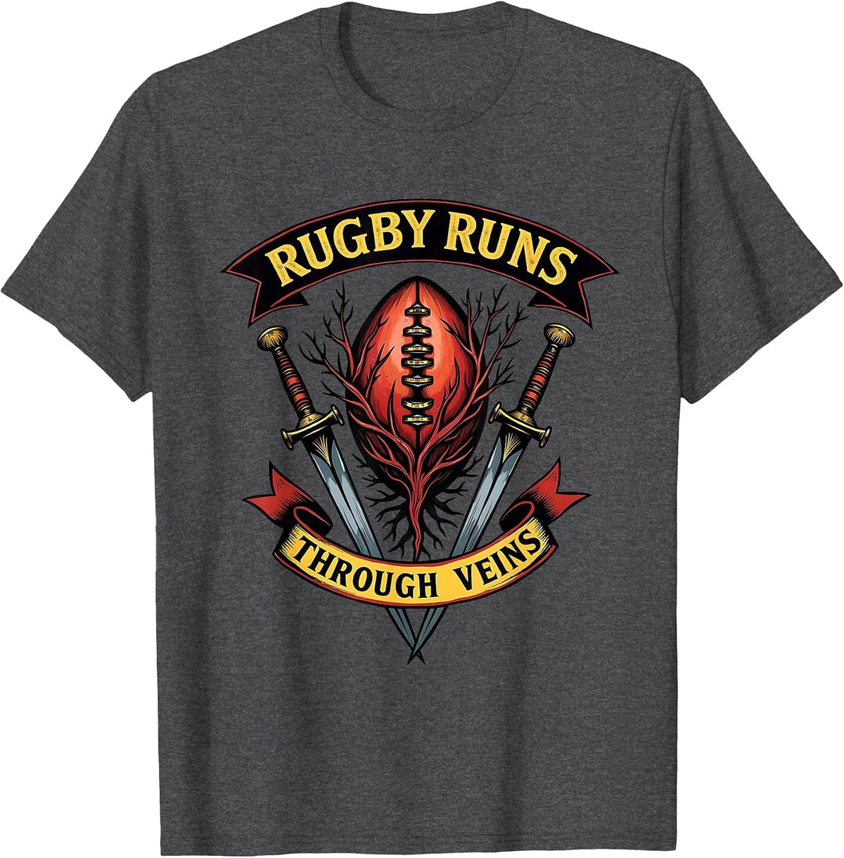 Rugby Runs Through Veins Men's Rugby Design T-Shirt - Dark Heather Grey