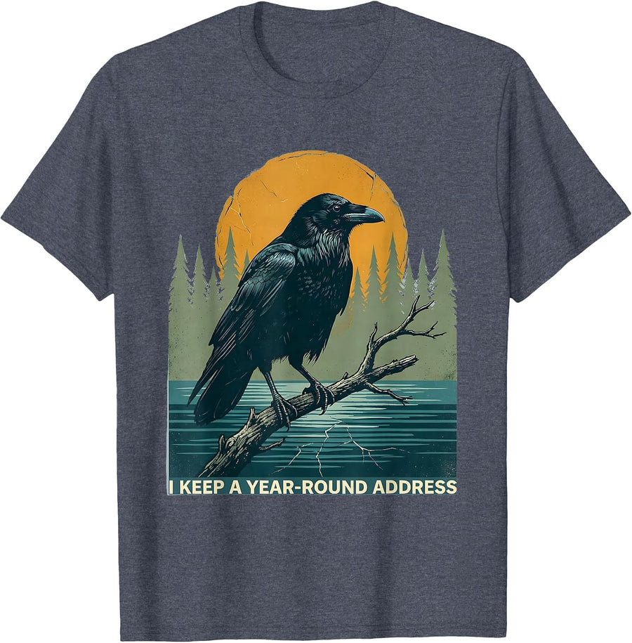 I KEEP A YEAR-ROUND ADDRESS Vintage Nature Lover Cabin Life T-Shirt - Heather Blue