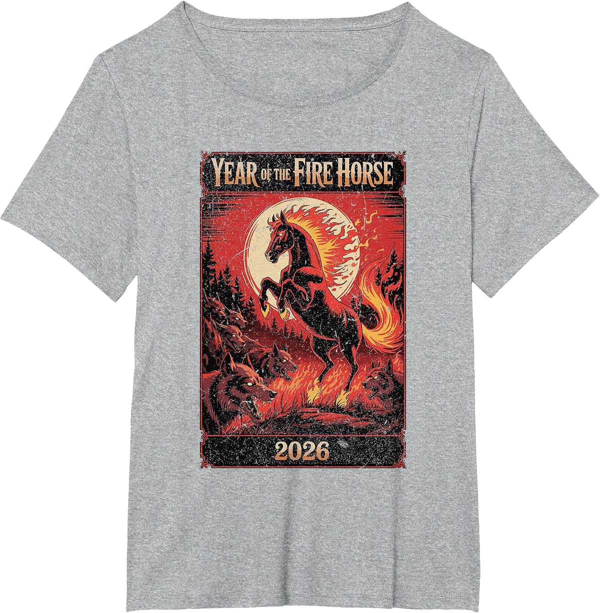 Year of the Fire Horse 2026 Zodiac Art T-Shirt - Heather Grey