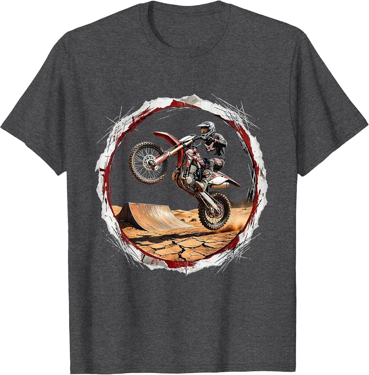 Dirt Bike Desert Ramp Launch Graphic Tee T-Shirt - Dark Heather Grey
