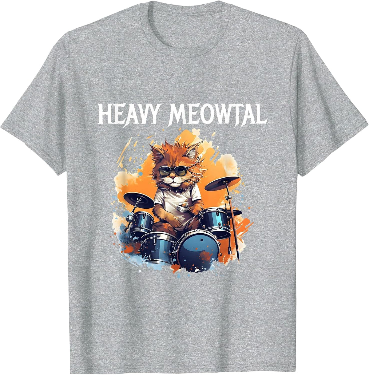 Heavy Metal Cat Drummer Cat Playing Drum Meowtal T-Shirt - Heather Grey