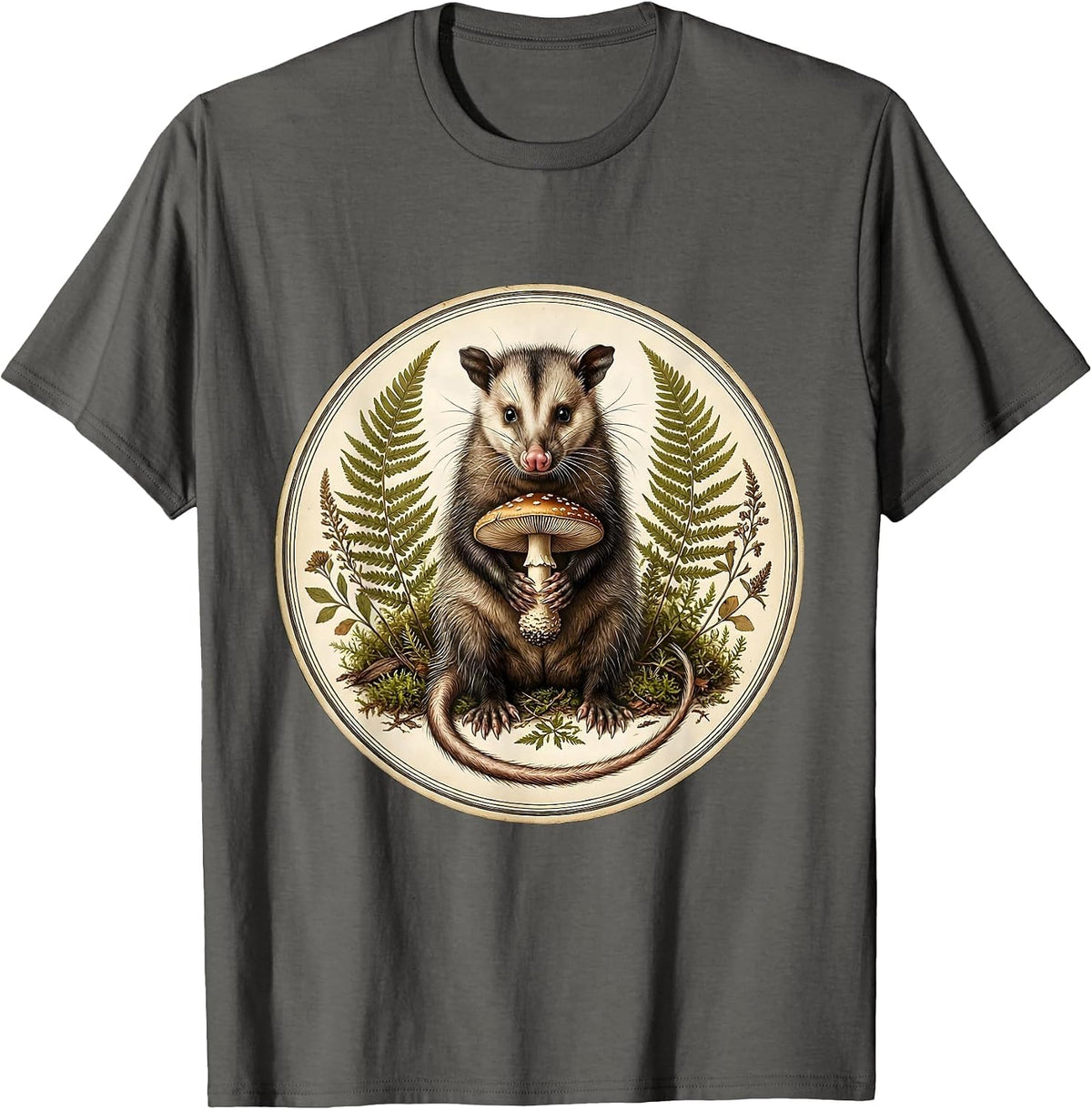 Men's Opossum Holding Mushroom Moonlit Forest Art T-Shirt - Asphalt Grey