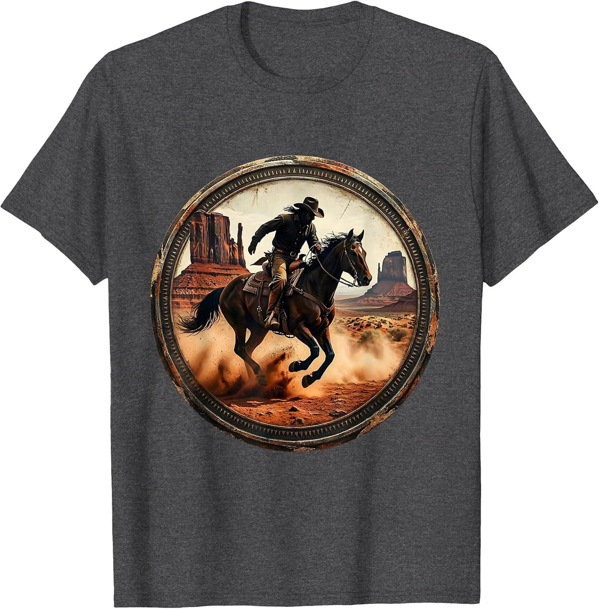 Men's Cowboy Riding Horse Through Canyon Dust T-Shirt - Dark Heather Grey
