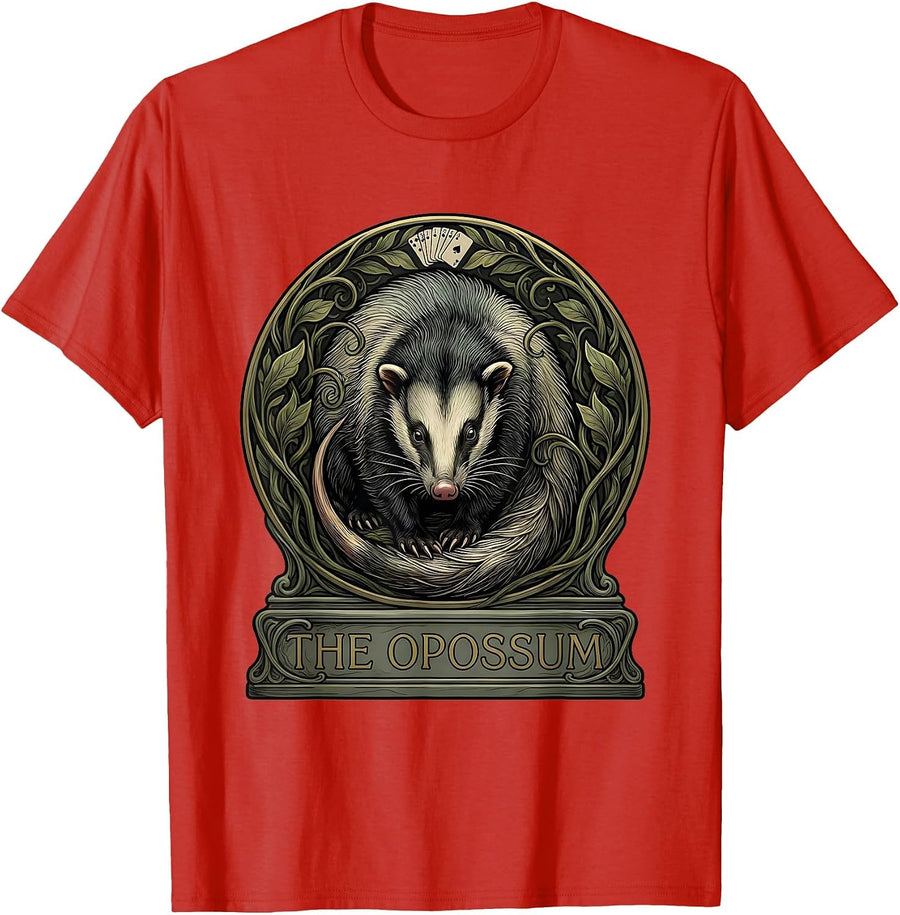 Men's The Opossum Art Nouveau Tarot Card Parody Trash Animal Humor T-Shirt - Red
