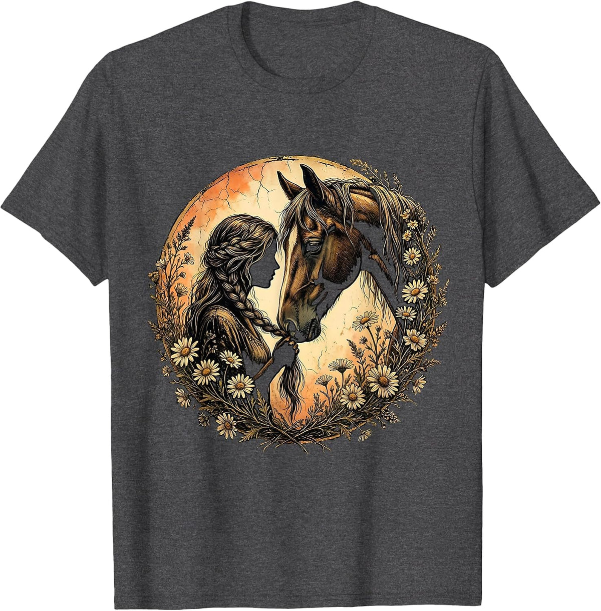 Western Horse Braiding Illustration Graphic Tee T-Shirt - Dark Heather Grey