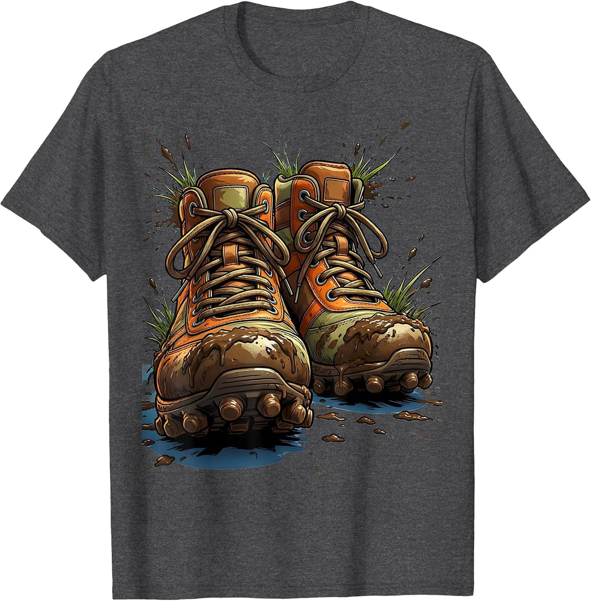 Muddy Rugby Boots Close-Up Illustration T-Shirt - Dark Heather Grey