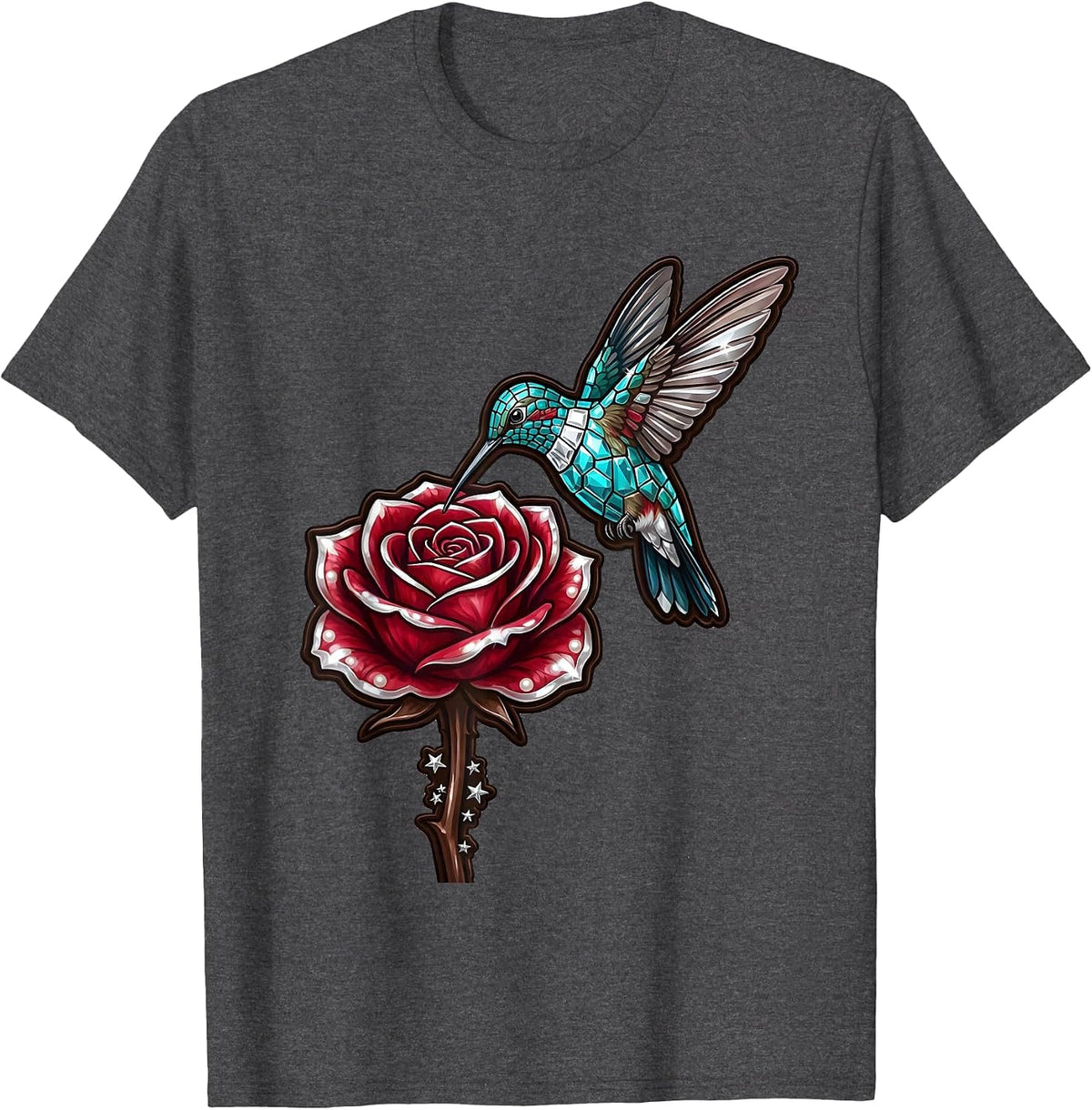 Hummingbird Hovering Over Blooming Rose T-Shirt - Dark Heather Grey