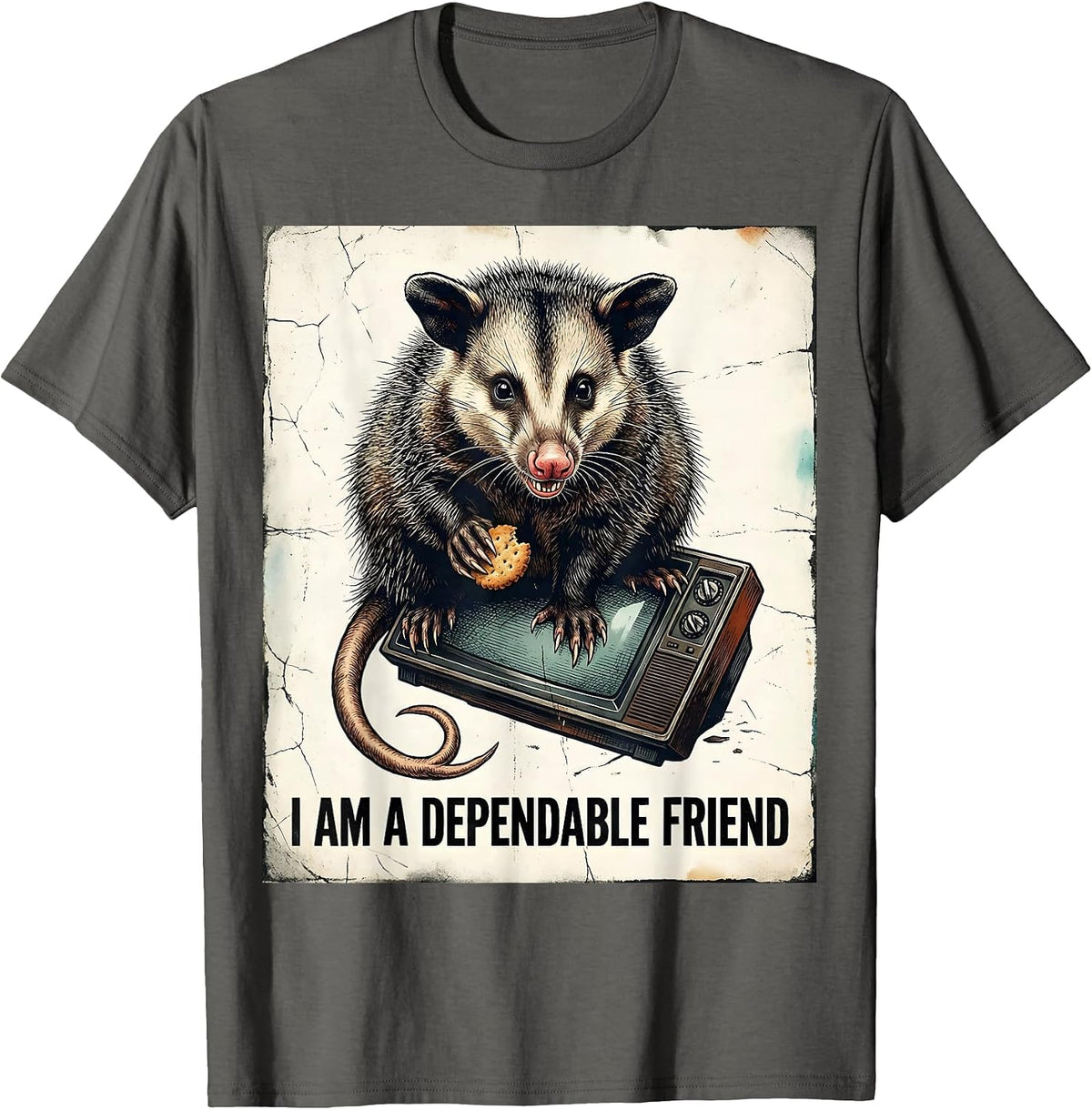 Men's I Am A Dependable Friend Distressed Opossum Meme Humor T-Shirt - Asphalt Grey