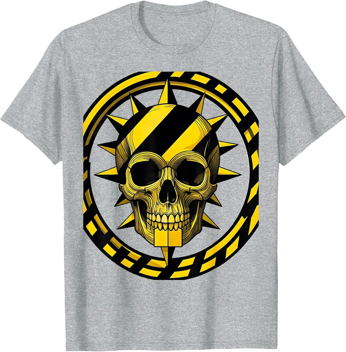 Men's Caution Tape Thorny Skull Black and Yellow Design T-Shirt - Heather Grey