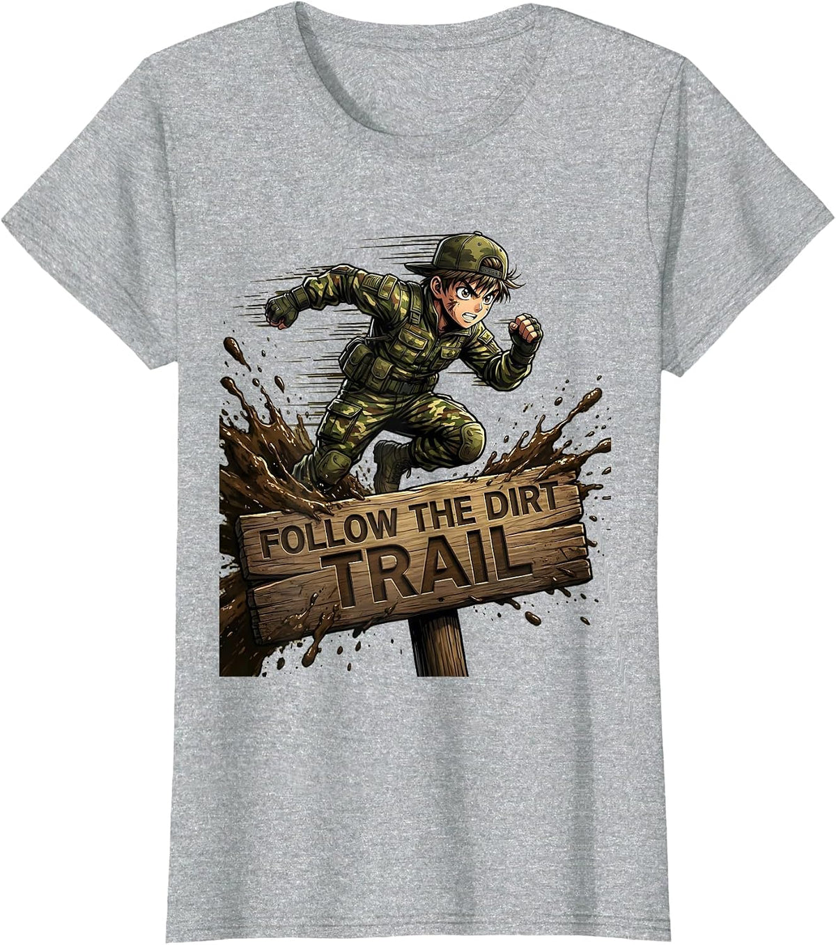 Boys Camo Follow the Dirt Trail Design T-Shirt - Heather Grey