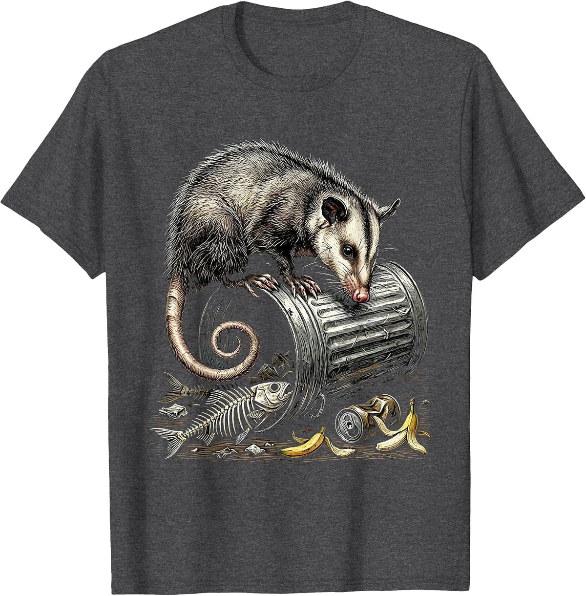 Opossum Trash Can Rummaging Funny Wildlife Art T-Shirt - Dark Heather Grey