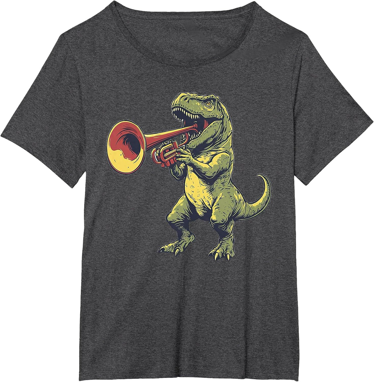 T-Rex Dinosaur Playing Trumpet Musician Music T-Shirt - Dark Heather Grey