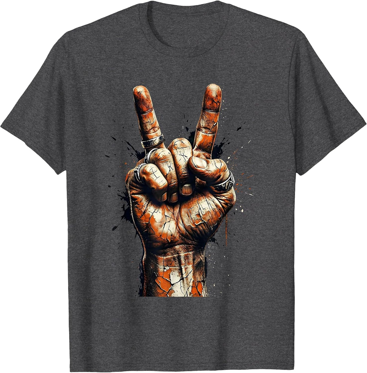 Men's Rock Devil Horns Hand Gesture Rings Graphic T-Shirt - Dark Heather Grey