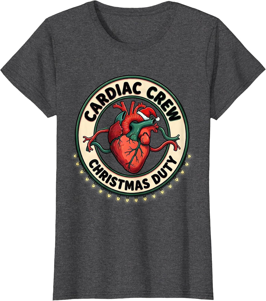 Women's Cardiac Crew Christmas Duty Funny Cardiac Nurse Santa Hat T-Shirt - Dark Heather Grey