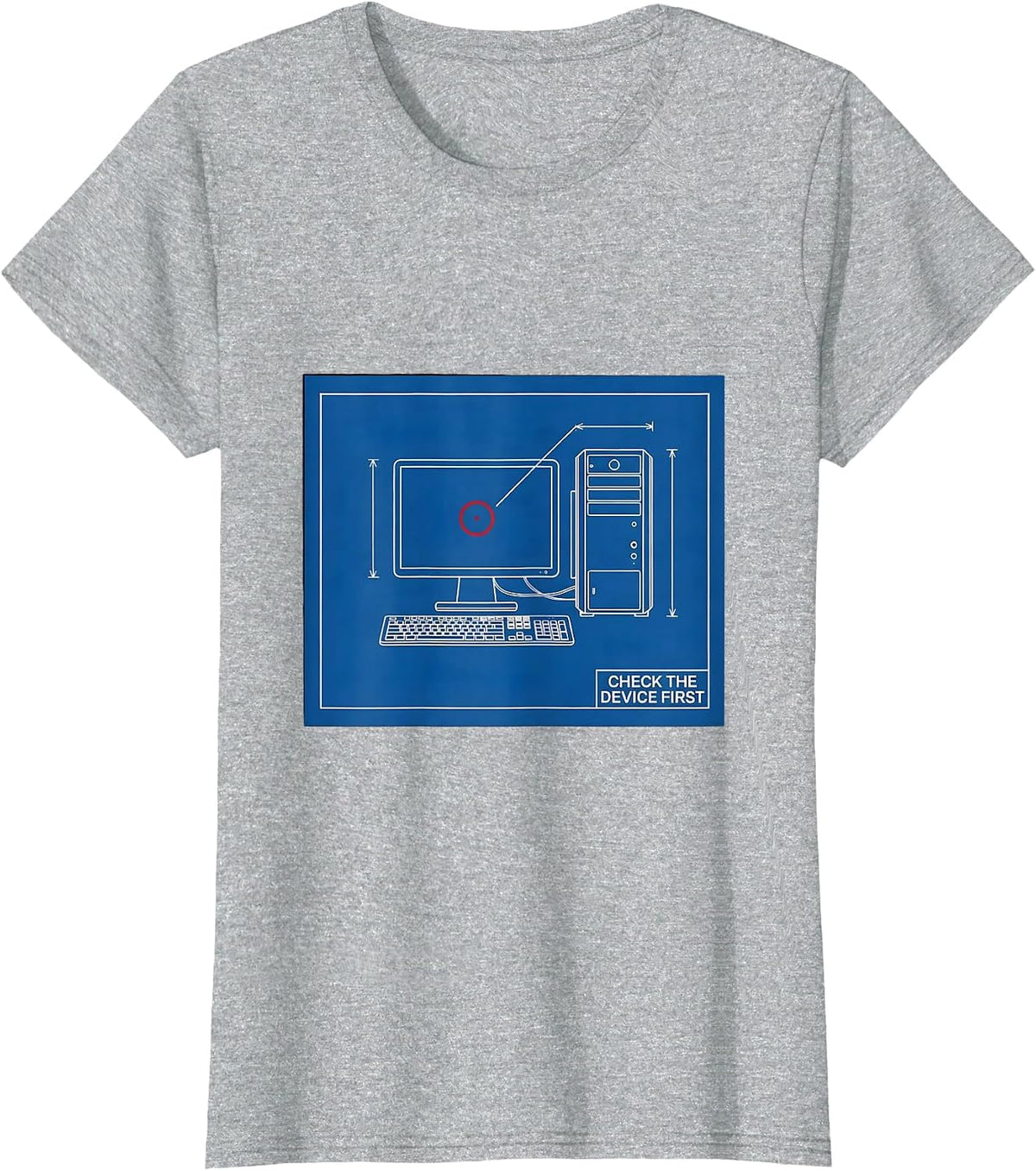 Check The Device First Technical Blueprint IT Support Humor T-Shirt - Heather Grey