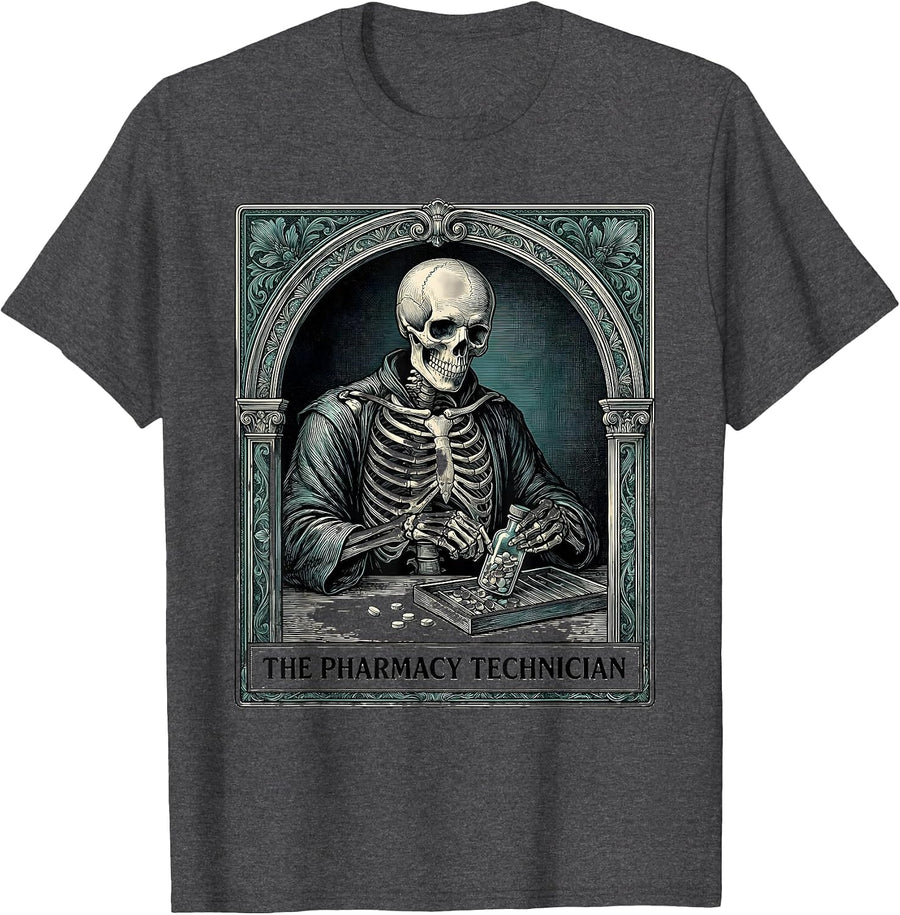 Men's The Pharmacy Technician Skeleton Tarot Card Halloween Humor T-Shirt - Dark Heather Grey