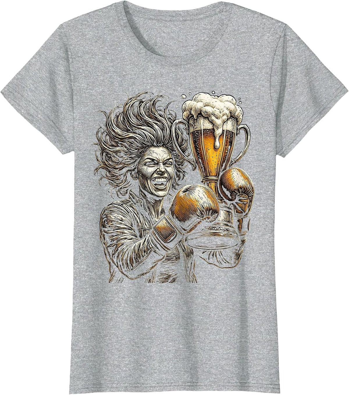 Women's Beer Trophy Boxing Gloves Champion Graphic T-Shirt - Heather Grey