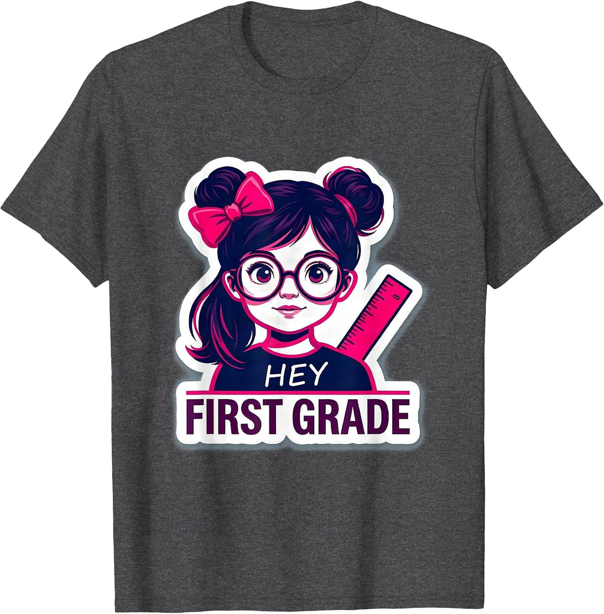 Men's Hey, First Grade Cute Messy Bun Back To School Girl T-Shirt - Dark Heather Grey