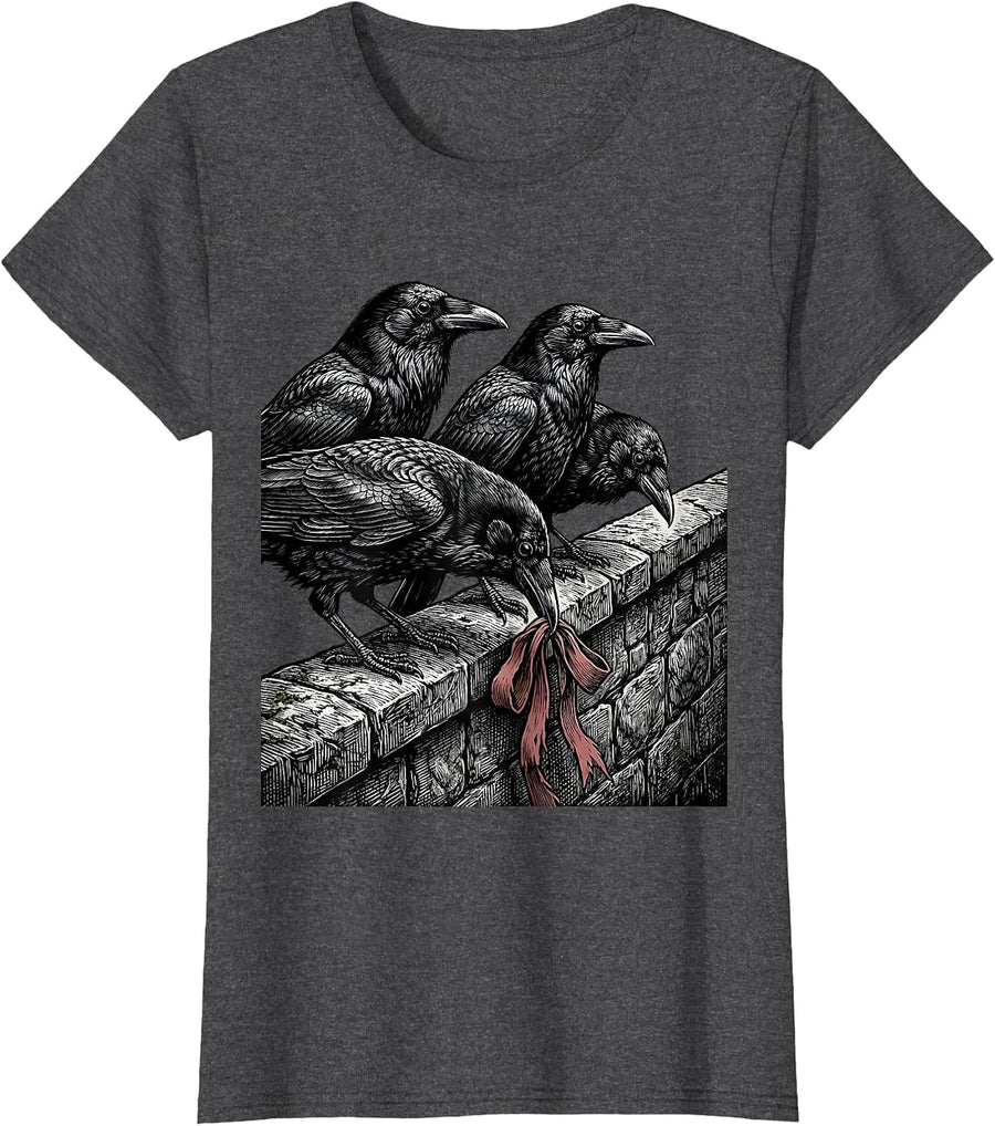 Women's Crosshatched Crows Murder Pun Dark Humor Bird Lover T-Shirt - Dark Heather Grey