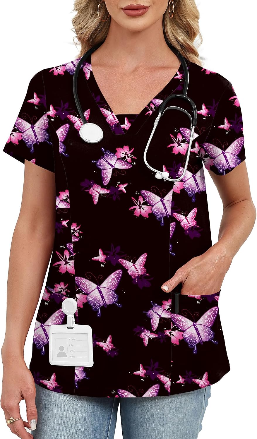 AKEWEI Scrubs for Women V Neck Scrub Tops Stretchy Nursing Uniforms Holiday Medical Shirts with 2 Pockets - Black Background