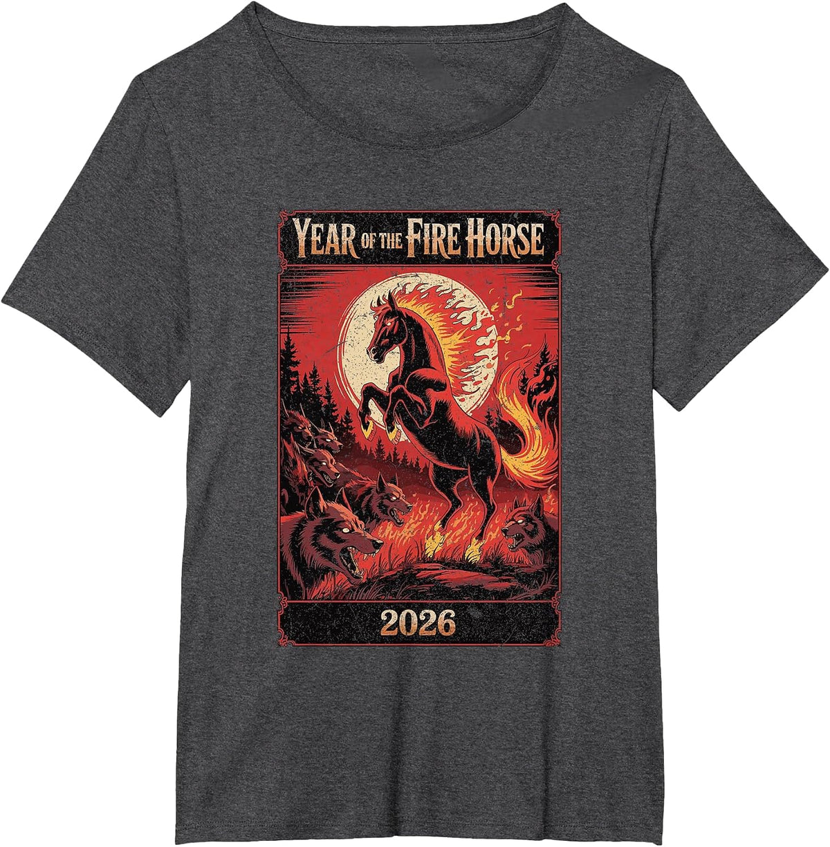 Year of the Fire Horse 2026 Zodiac Art T-Shirt - Dark Heather Grey