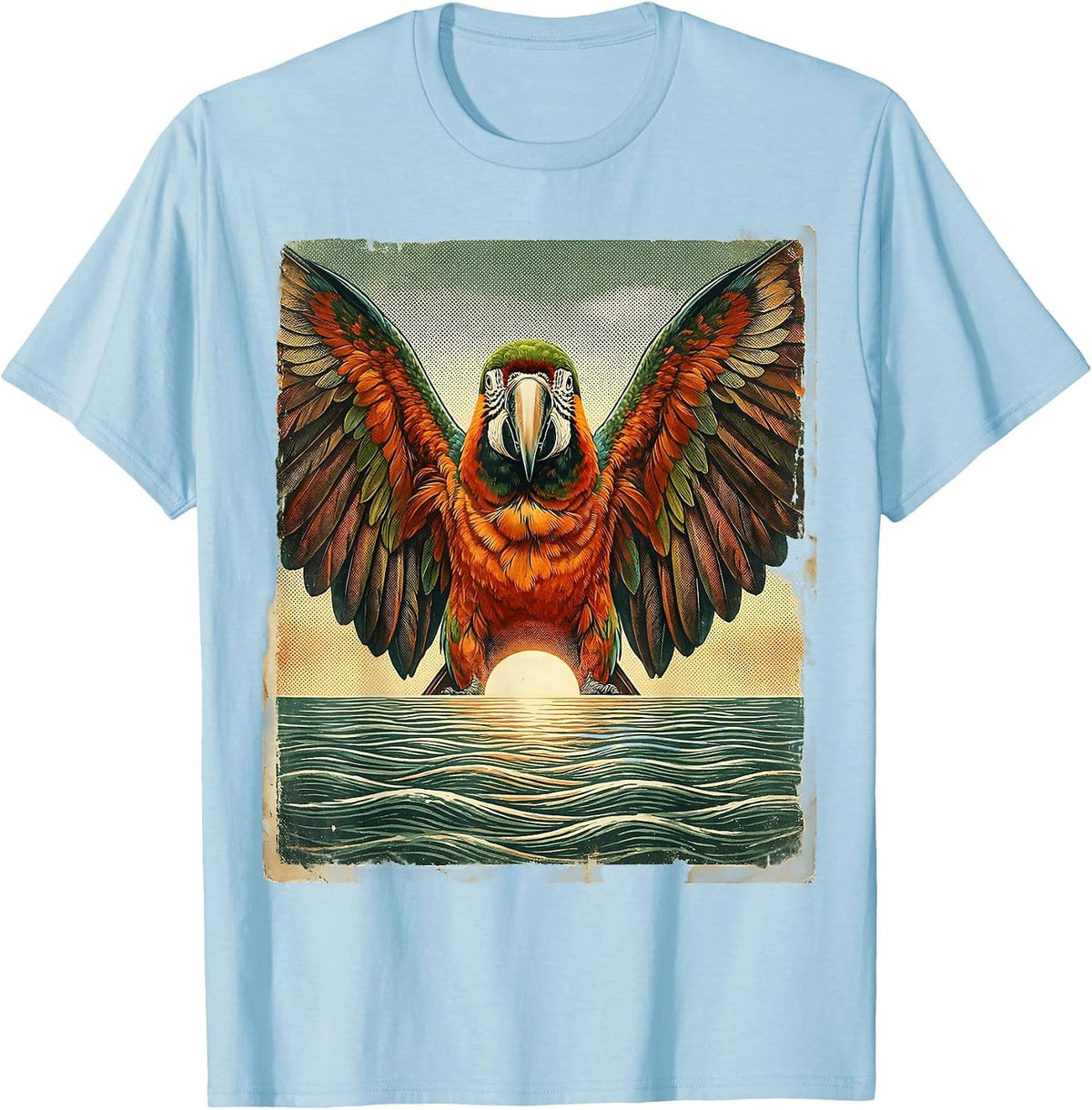 Men's Aloha Macaw Spreading Wings Over Ocean Horizon T-Shirt - Baby Blue