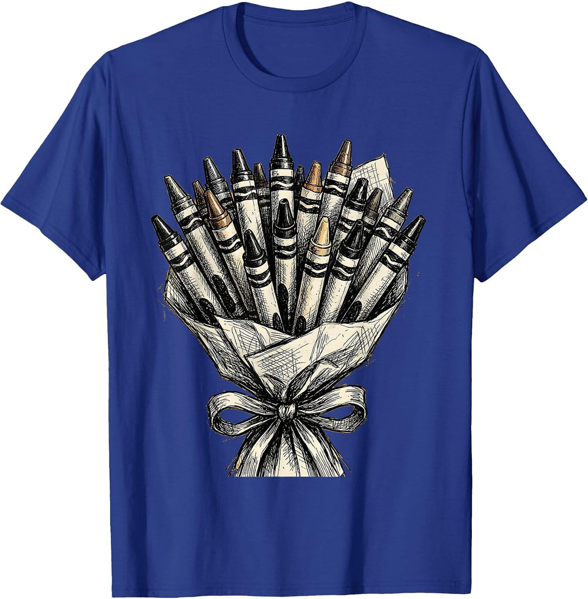 First Grade Teacher Crayon Bouquet Graphic T-Shirt - Royal Blue