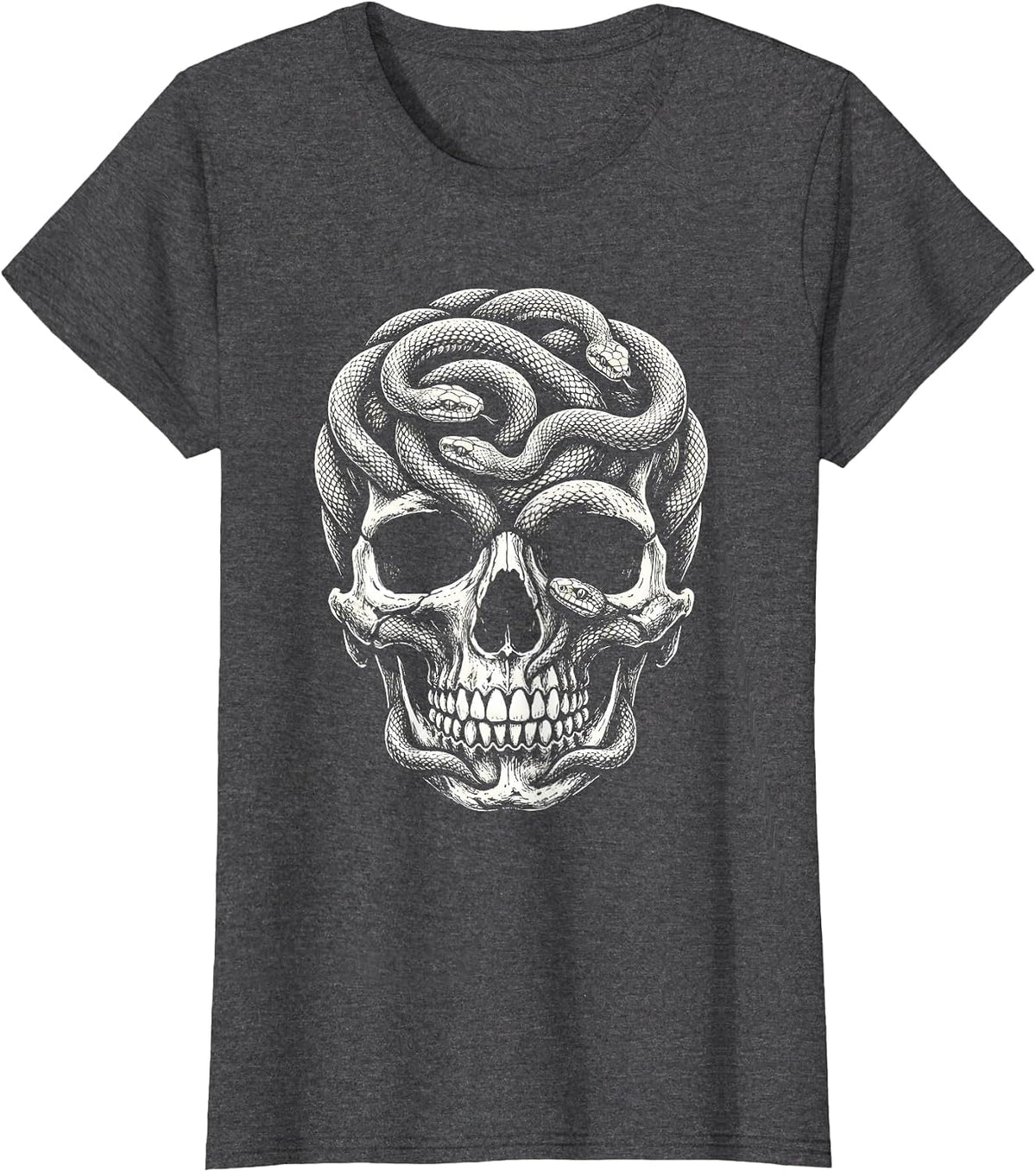 Women's Serpent Skull Intertwined Snake Gothic Art T-Shirt - Dark Heather Grey
