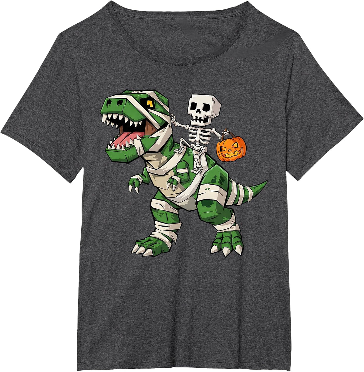 Skeleton Riding Mummy Dinosaur T rex Halloween Funny Gamer T-Shirt - Dark Heather Grey