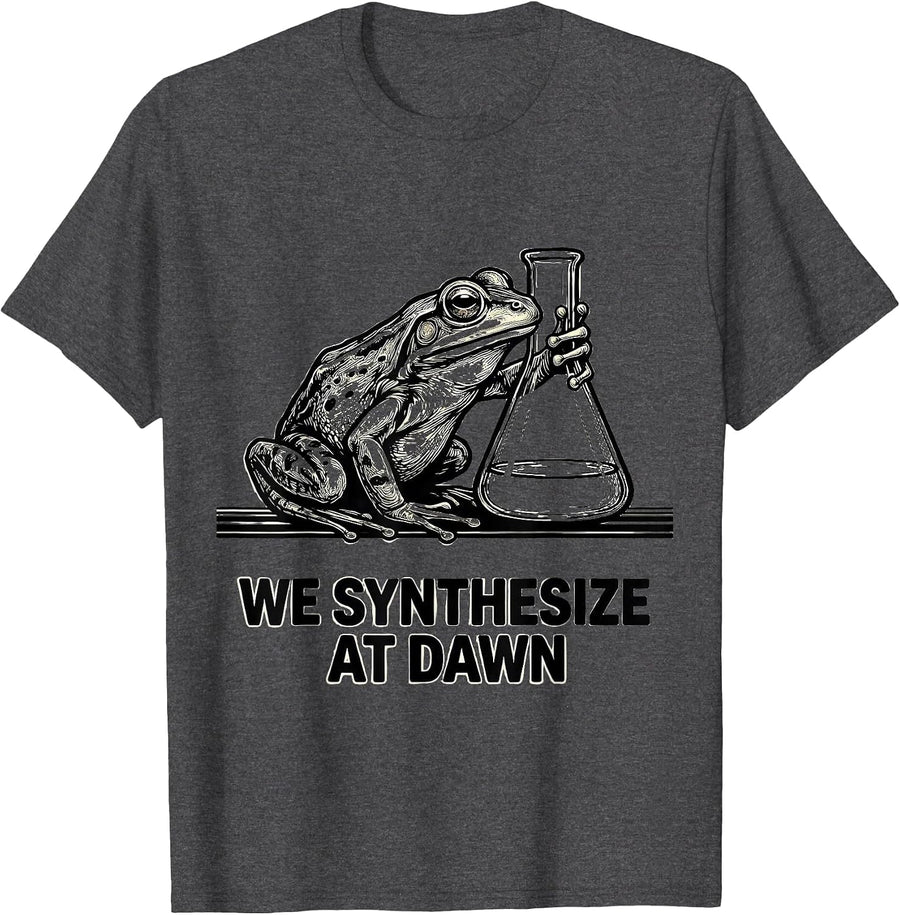 Men's We Synthesize At Dawn Funny Frog Science Teacher Back T-Shirt - Dark Heather Grey