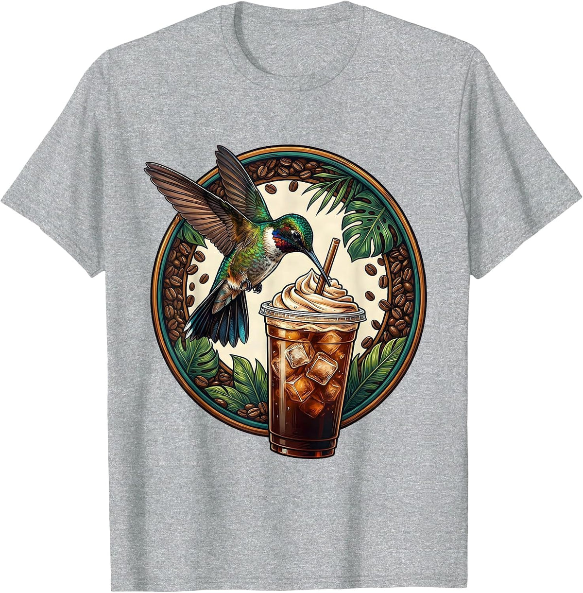 Men's Hummingbird Iced Coffee Lover Graphic Tee T-Shirt - Heather Grey