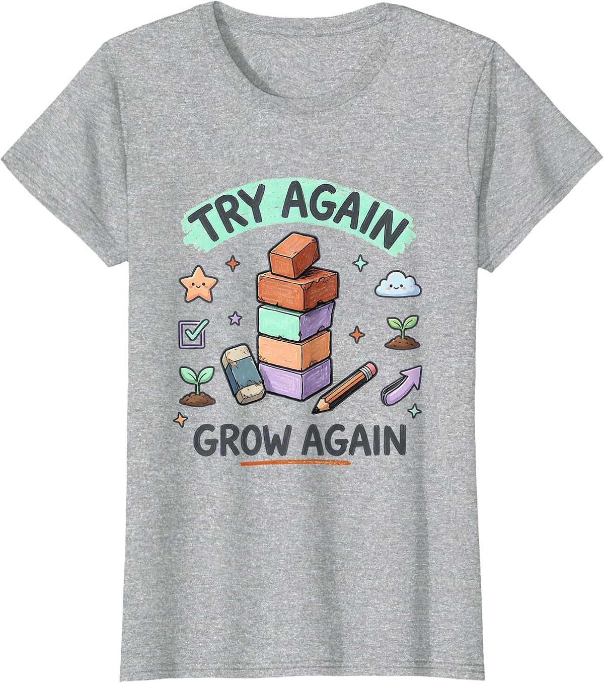 Women's Try Again Grow Again Kawaii Stationery Teacher Growth T-Shirt - Heather Grey