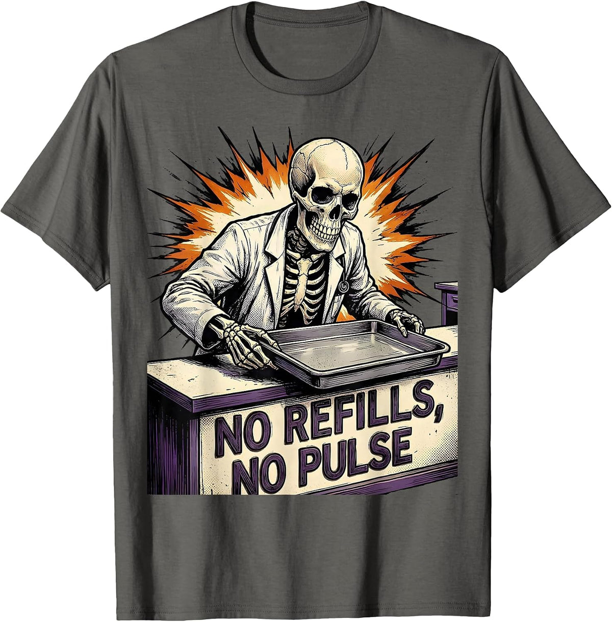 No Refills, No Pulse Comic Book Halloween Pharmacy T-Shirt - Asphalt Grey
