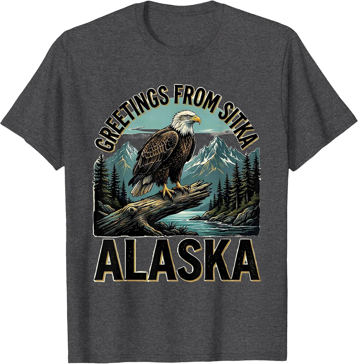 Greetings From Sitka Alaska Vintage Sign Painter Souvenir T-Shirt - Dark Heather Grey