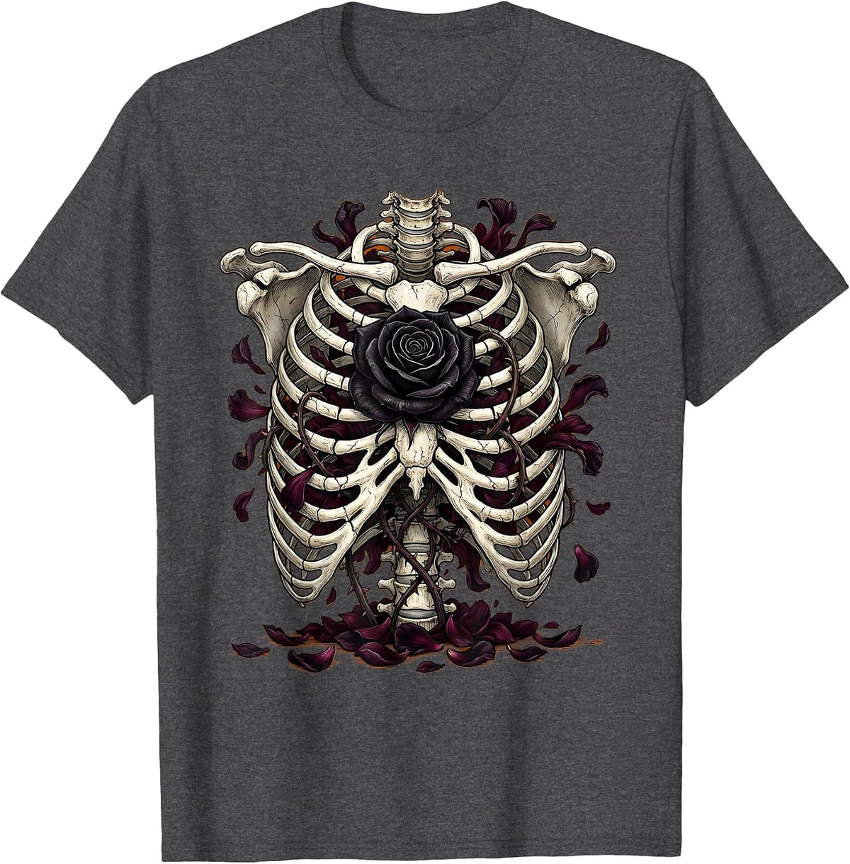 Black Rose Ribcage Gothic Metal Dark Art Design T-Shirt - Dark Heather Grey